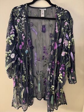 CATHERINES Women's Embroidered Floral Mesh KIMONO Cardigan Black Purple 4X